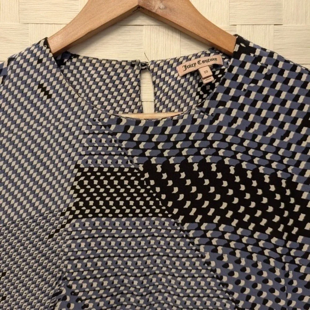 Juicy Couture Blue Geometric Abstract‎ 100% Silk Cap Sleeve Ruffle Dress 10